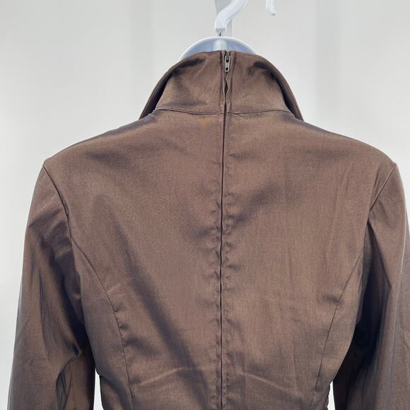 Tadashi Brown Taffeta Ruched Rhinestone Buttons Long Sleeve Formal Blouse 4 - Picture 5 of 11